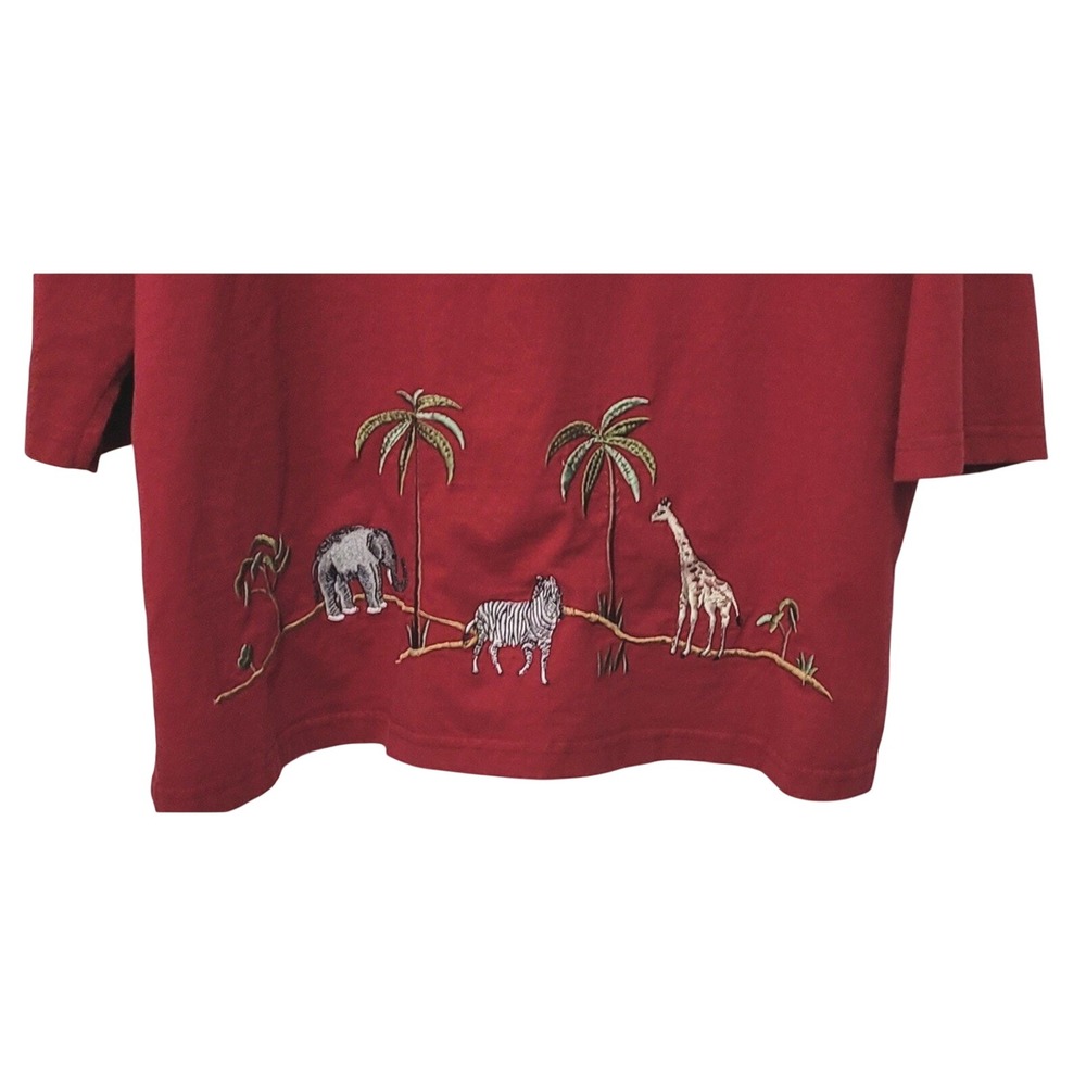 Donna Safari Embroidered Top Womens Red 3/4 Sleeve Elephant Zebra USA Made